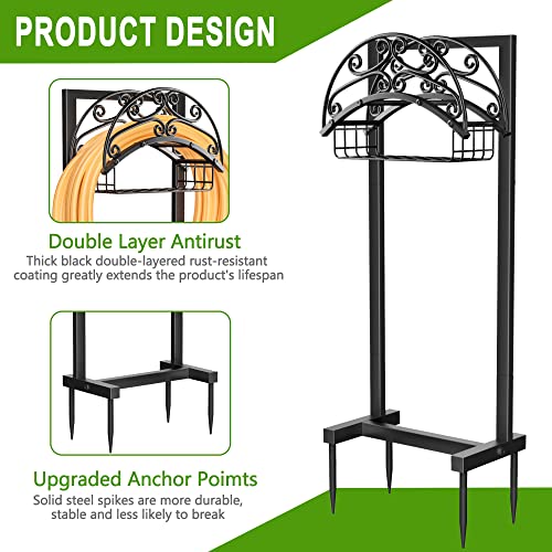 Gayuteay Garden Hose Holder – Water Hose Reel Stand with Storage Basket Holds 151ft, Heavy Duty Freestanding Garden Hanger Storage Rack for Outside Yard Lawn Farm