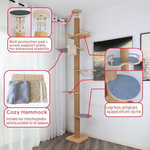 Floor to Ceiling Cat Tree Height (50-120.5in) Adjustable Cat Tower 5 Tier Hemp Scratching Post High Cat Tree Sturdy Activity Tree Indoor Outdoor Cat Scratching Post Activity Center