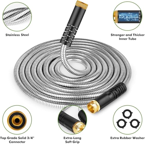 Garden Hose 50 ft, Stainless Steel Water Hose with 10 Function Nozzle Flexible, Heavy Duty, Lightweight, No-Kink, Pet Proof, Puncture Proof Hose Metal for Yard, Outdoor