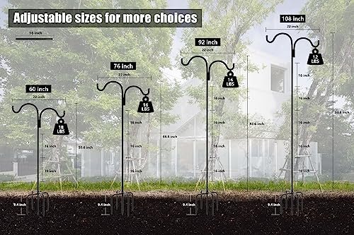 Gtongoko Double Shepherds Hook for Outdoor, 92 Inch Bird Feeder Pole with 5 Prongs Base, 5/8 Inch Thick Heavy Duty Adjustable Garden Hook for Hanging Plant, Lantern, Hummingbird Feeder, 1 Pack