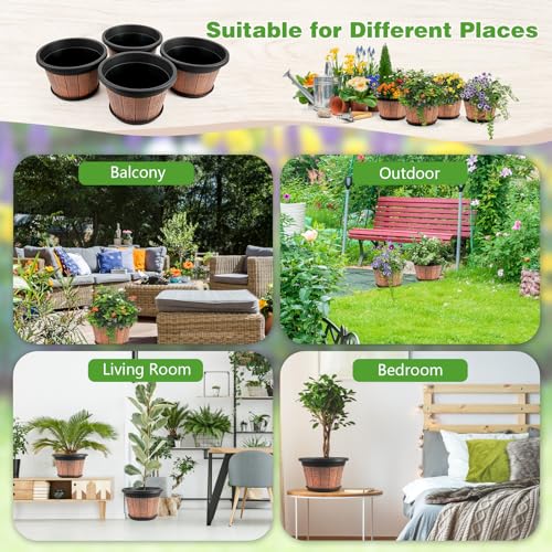 Quarut 4 Pack 10 inch Plant Pots,Upgrade Whiskey Barrel Planters with Drainage Holes & Saucer,Plastic Decoration Flower Pots Retro Design,Planters for Outdoor Indoor Garden Home Plants (Brown)