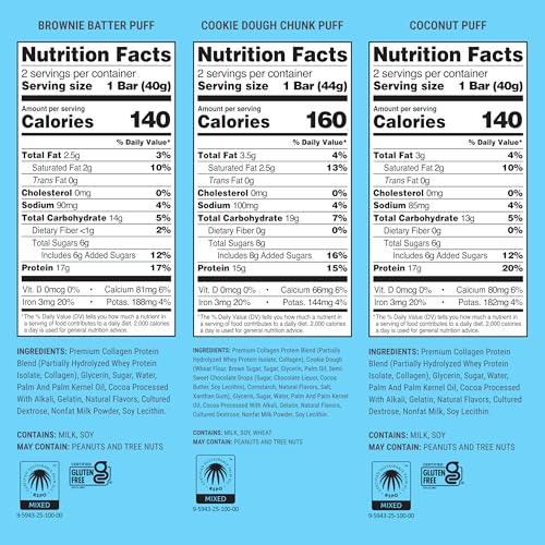 BUILT Bar Puff Protein Bars - Variety Pack - 15-17g Protein Snack Bars with Collagen - Calorie Conscious & Gluten Free - 12 Count, Variety May Vary