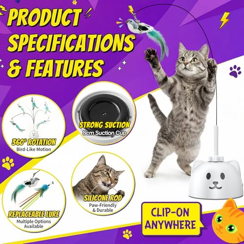 Interactive Cat Toys for Indoor Cats: Upgraded 360° Automatic Spin Flying Bird Feather Wand with Silicone Protected Rod Safe Play, Strong 8cm Suction Cup, USB-Rechargeable for Bored Kittens and Adult