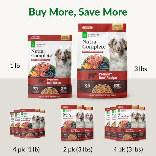 ULTIMATE PET NUTRITION Nutra Complete, 100% Freeze Dried Veterinarian Formulated Raw Dog Food with Antioxidants Prebiotics and Amino Acids, (1 Pound (Pack of 4), Beef)