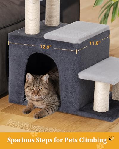 Aechonow 3-in-1 Pet Stairs for Cats, Dog Steps for Small Doggie Rabbits, 6.29''Depth Cat Stairs, Indoor Cat Ladders for High Bed for Pet's Joints, 1 Cat Condo Cave, Sisal Scratcher, Grey, Medium