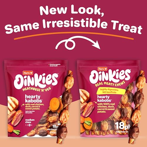 Hartz Oinkies Hearty Kabobs Rawhide‑Free Dog Treats, High‑Protein, Long‑Lasting Highly Digestible Chews Made with Real Chicken, Duck, Sweet Potato & Carrot, 18 Count