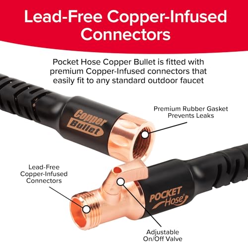 Pocket Hose 50 FT Copper Bullet Expandable Garden Hose w/10 Pattern Thumb Spray Nozzle AS SEEN ON TV 650psi 3/4 in Patented Lead-Free Ultra-Lightweight Solid Copper Anodized Aluminum