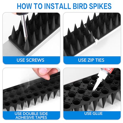 BORHOOD Bird Spikes, 20 Pack Pigeon Deterrent for Small Birds Raccoon Cats Defender for Outside to Keep Squirrel Away, Plastic Fence Spike for Railing and Roof-Black