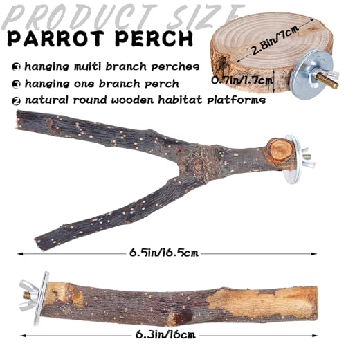 8 Pieces Bird Perch Natural Wooden Parrot Perch Stand Fork Toys Hanging Multi-Branch Perches Platform Hammock Swing Toy for Macaws, Small Parakeets, Conures, Budgies, Finches (A-Color, Mix)