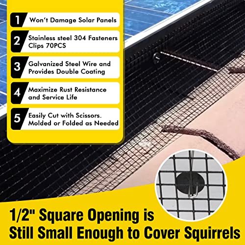 6in X 100ft Solar Panel Bird Guard,Solar Panel roof Protection net 1/2inch Mesh PVC Black Vinyl Coated Galvanized net 70 Fastener ClipsUsed for Bird,Animal Control