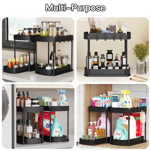 Ukeetap Multi-Purpose Pull-Out Storage Organizers, Under Sink/Cabinet Organizers and Storage for Bathroom & Kitchen, Black, 12.8 Inches, 2 Packs