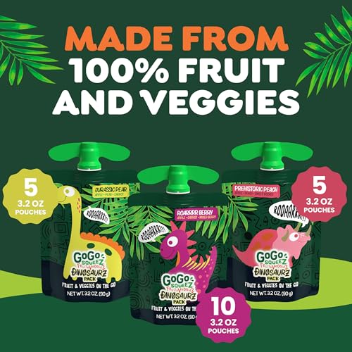 GoGo squeeZ No Sugar Added Fruit & veggieZ Applesauce and Puree Variety Pack, Jurassic Pear, Roarrrr Berry & Prehistoric Peach, 3.2 oz Pouches (Pack of 20), Fruit Snacks for Kids, Gluten Free, Nut Free, Recloseable Cap, BPA Free