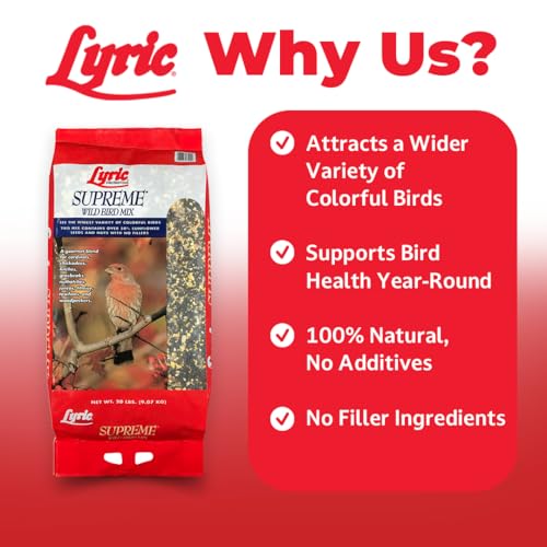 Lyric Supreme Wild Bird Seed for Outside Feeders - Wild Bird Food Mix with Nuts & Sunflower Seeds, Attracts Many Beautiful Songbirds, 40 lb Bag