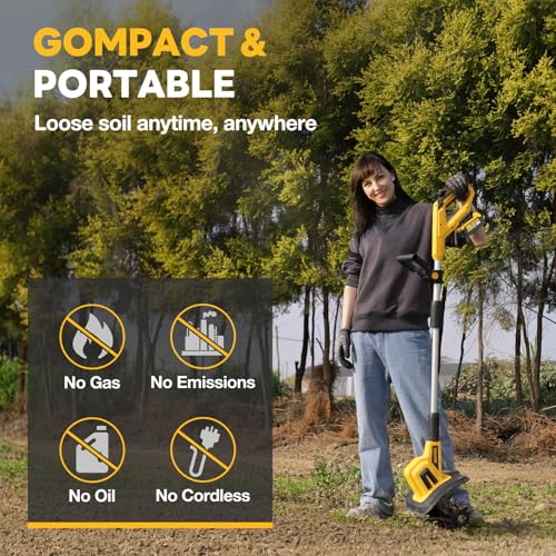 Alloyman 20V Cordless Tiller Cultivator, 360RPM Electric Garden Tiller, with 2 * 4.0Ah Batteries & Charger, 9In Tilling Width and 6.6In Depth Garden Rototiller for Lawn/Gardening/Soil Cultivation