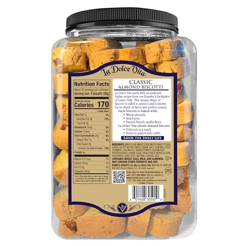 La Dolce Vita Classic Almond Italian Biscotti Cookie Snacks with Whole Almonds, 40 oz. Jar, 30 Servings (Pack of 1)