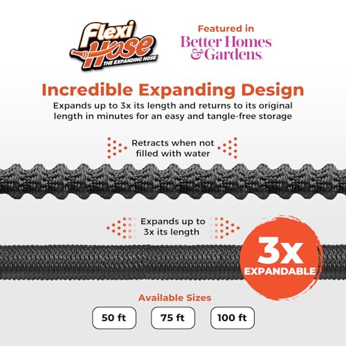 Flexi Hose Lightweight Expandable Garden Hose, 75FT -Retractable Garden Hose, Water Hose - No-Kink Flexibility, 3/4 Inch Solid Brass Fittings and Double Latex Core
