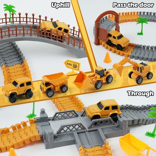 Construction Race Car Track Set for Kids - Flexible Engineering Toys with 2 Electric Cars, Birthday Gift for 3 4 5 6 7 Year Old Boys, DIY Road Games Playset with 220+ PCS