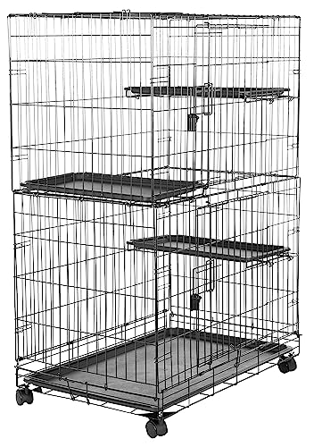 Basics Large 3-Tier Cat Cage Playpen with Easy to Clean Removable Tray, Front Doors, Portable, Foldable, 35.8" x 22.4" x 50.6", Black