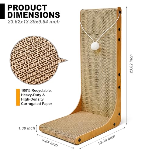 Value 2-Pack 23.6 Inch L-Shaped Cardboard Cat Scratcher, Dual Use (Vert/Horiz) Scratch Pad with Toy Balls, Wall-Mountable Furniture Protector Cat Scratchers for Indoor Cats