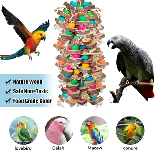 Large Bird Toys for Macaws, Multicolored Wooden Blocks Bird Chewing Toy Parrot Cage Bite Toy for Macaws Cokatoos African Grey and Large Medium Parrot Birds