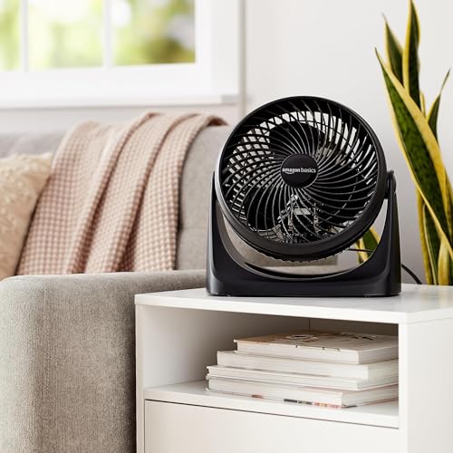 Basics Air Circulator Desk Fan for Bedroom, Home and Office, 90-Degree Tilt Head, 3 Speed Settings, Cooling, 35 Watts, Black, 11.1"W x 6.3"D x 10.9"H