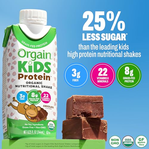 Orgain Organic Kids Nutritional Protein Shake, Chocolate, Healthy Kids Snacks, 8g Dairy Protein, 3g Fiber, 22 Vitamins & Minerals, No Soy Ingredients, Gluten Free, Non-GMO, 8.25 Fl Oz (Pack of 12)