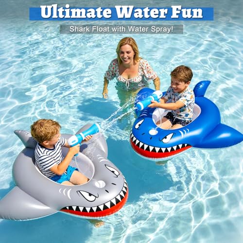 2 Pack Inflatable Shark Pool Floats Kids 3-11 Years, Kids Floaties Swimming Pool Toys with 2 Water Squirt Guns Boys Girls Party Float Ride-on Toddler Floatie with Safety Seat Summer Outdoor Water Game