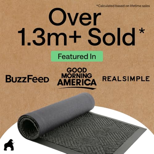 GORILLA GRIP 100% Waterproof All-Season WeatherMAX Doormat US Designed Natural Rubber, Stain Fade Resistant, Low Profile Indoor Outdoor Door Mats, Easy Clean, 29x17 Gray Diamond