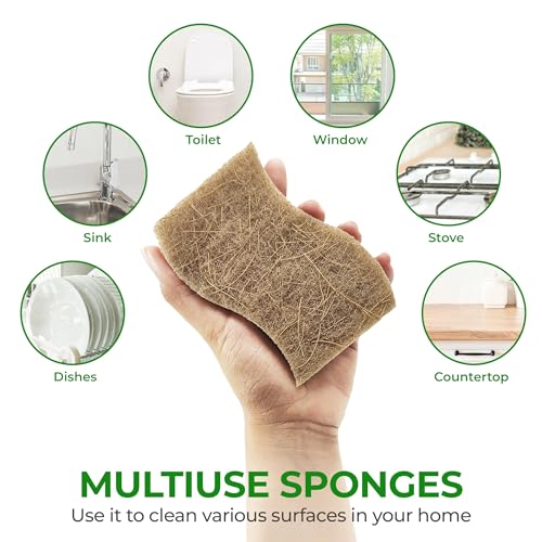 AIRNEX Natural Kitchen Sponges (12 Pack) - Biodegradable Cellulose & Coconut Scrubber Dish Sponges for Kitchen - Eco-Friendly, Non Scratch, Compostable, Non Toxic S-Shaped Natural Sponges for Dishes
