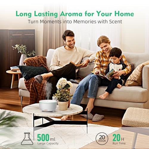 500ML Large Capacity Essential Oil Diffuser, Ultrasonic Aromatherapy Diffuser with 7 Color LED Lights with Remote Control, Cool Mist Humidifier, Timed Mist, Auto Shut-Off (Minimalist White)