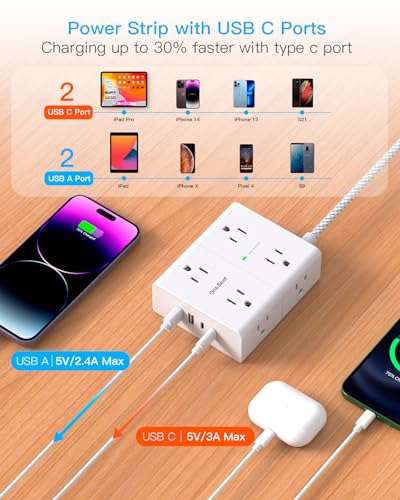 Surge Protector Power Strip 15 Ft Cord, Ultra Thin Flat Extension Cord with 8 Outlets 4 USB Ports(2 USB C), Flat Plug Power Strip, 15 Ft Long Braided Power Cord for Home, Office, Dorm Room Essentials