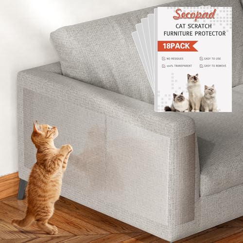 Secopad 18 PCS Large Cat Scratch Furniture Protector, Transparent Couch Protector from Cat Claws, Single-Sided Self Adhesive Anti Pet Deterrent Sofa Cover, 17IN