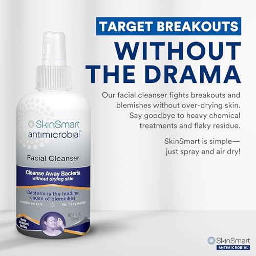 SkinSmart Antimicrobial Facial Cleanser for Breakouts & Blemishes; Hypochlorous Acid Formula Targets Bacteria to Reduce Skin Irritation and Flush Pores Clean, 8 oz Spray, All Ages & All Skin Types