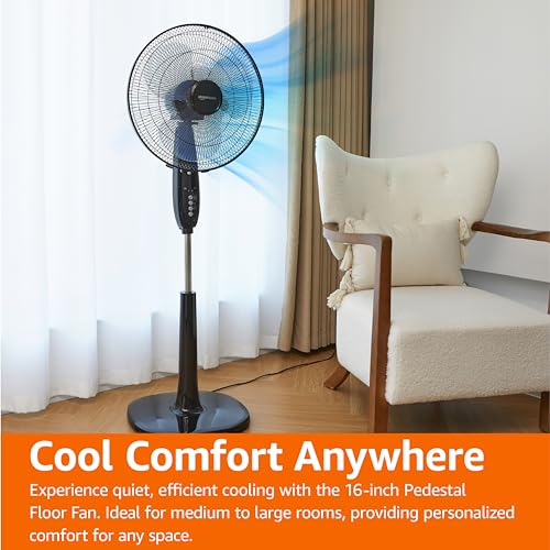 Basics 16" Pedestal Fan with Remote for Bedroom, Living Room, Office, Adjustable Height, Dual-Layered Blades, 3 Speeds, 3 Modes, Timer, Tilt Head, 60W, Black