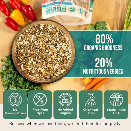 Organic Parakeet Food - No Fillers, Fatty Seeds, or Dyes - Budgies, Lovebirds & Parrotlets - Premium Human Grade Seed Mix, Grain & Wholesome Veggies – Made in USA (2 lbs)