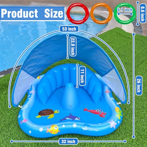 iGeeKid Baby Play Mat with Sprinkler, Inflatable Baby Pool Float with Canopy Backrest & Stackable Rings Water Sprinkler for Kids, Outdoor Water Play Toys for Toddlers Backyard Swimming Water Games