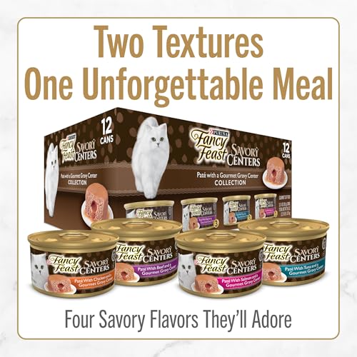 Purina Fancy Feast Savory Centers Wet Cat Food Pate Variety Pack With Chicken, Salmon, Beef, and Tuna Pate with Gravy Center - (2 Packs of 12) 3 oz. Pull-Top Cans