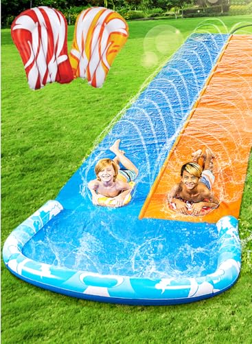 JOYIN 22.5ft Water Slides and 2 Bodyboards, Lawn Water Slide Summer Slip Waterslides Water Toy with Build in Sprinkler for Backyard Outdoor Water Fun for Kids