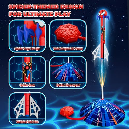 Spider Rocket Launcher for Kids, 4 Rockets with Web Air Pump, Stomping Launch Toys, Outdoor Spider Toys Gifts for 3-10 Year Old Boys & Girls