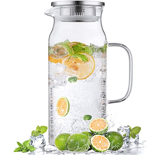 Bivvclaz 2 Liter 68 oz Glass Pitcher with Lid and Handle, Glass Carafe for Hot/Cold Water, Large Iced Tea Pitcher for Coffee, Juice and Homemade Beverage
