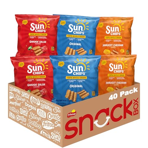SunChips 100% Whole Grain Chips, Variety Pack, 1 oz Bags, Pack of 40, No Artificial Flavors, Colors