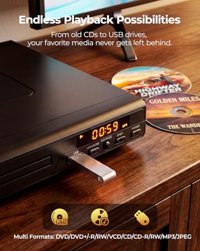 DVD Players for TV with HDMI, DVD Players That Play All Regions, Simple DVD Player for Elderly, CD Player for Home Stereo System, Included HDMI and RCA Cable