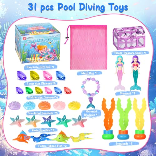 VGOFUN Diving Pool Toys for Kids Ages 3-12, 31 Pcs Mermaid Pool Toys, Diving Gem Toys with Pirate Treasure Chest, Summer Underwater Game Toys Swimming Training Gift for Boys Girls with Storage Bag