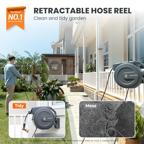 Giraffe Tools Retractable Garden Hose Reel 1/2 Inch x 130 ft, Super Heavy Duty, Any Length Lock, Slow Return System, Wall Mounted and 180 Deg Swivel Bracket