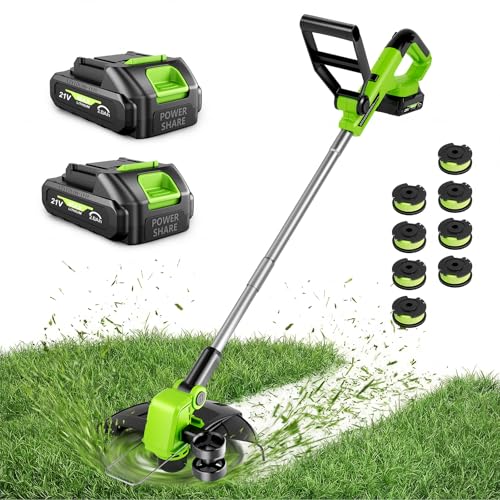 21V Weed Wacker Cordless & Lawn Edger, 9000RPM Electric Weed Eater with 2x2.0Ah Battery, 12" Auto Line Feed String Trimmer with 8 Pcs Spools, Lightweight Edger Lawn Tool for Yard, Green