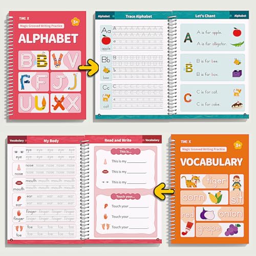 TIME X Magic Grooved Writing Practice Books, Reusable 3D Groove Handwriting Practice Workbooks for Kids Ages 3-8, Large Preschool Writing Books with Disappearing Ink for Kids 5-7 (Practice 6-Books)