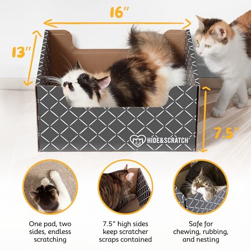 Hide & Scratch Cardboard Cat Scratcher Box & Bed - Dark Grey Diamond | Double-Sided Corrugated Pad for Indoor Cats | Refillable Scratching Board Toy for Play & Furniture Protection