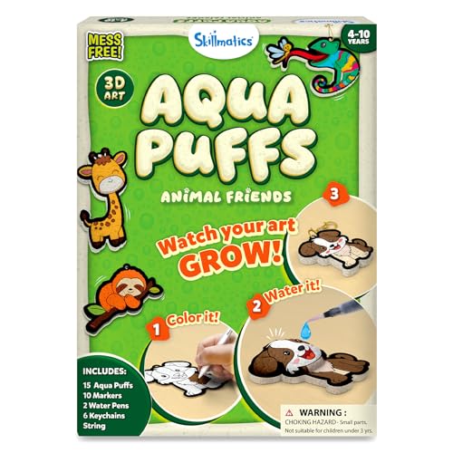 Skillmatics Aqua Puffs - 3D Art Kit, Animals, Mess-Free Paint by Number Craft for Kids, DIY Color Activity, Screen-Free Entertainment, Travel & Creative Gift for Girls & Boys Ages 4, 5, 6, 7, 8, 9, 10