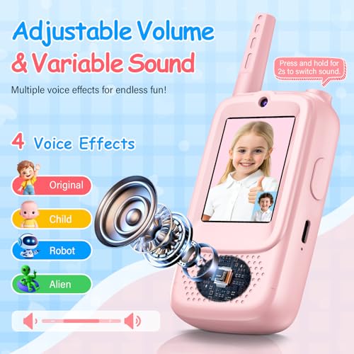 Video Walkie Talkies for Kids, 2 Pack Rechargeable Walkie Talkies with Screen and 4 Voice Changer, Christmas Birthday Gifts for Boys and Girls Ages 3-12, Indoor Outdoor Toys for Family Games, Camping