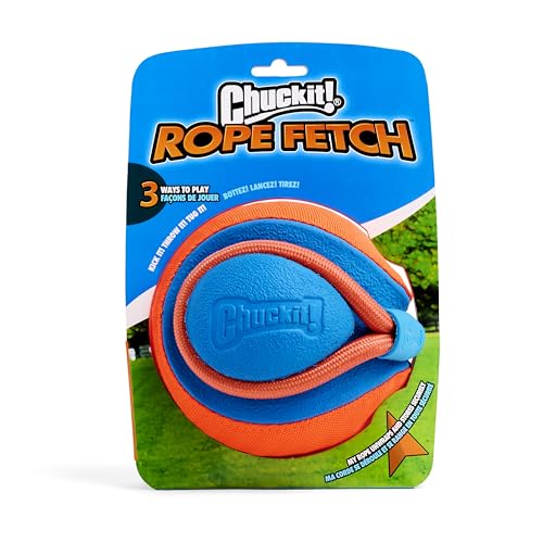 Chuckit! Rope Fetch Dog Toy - Ball on Rope Fetch and Tug-of-War Toy for Dogs - Durable EVA Rubber Construction - 5.5-inch Diameter - 18-inch Rοpe - Orange and Blue